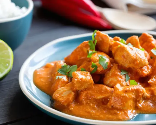 Spezzatino di pollo cremoso e speziato, guarnito con prezzemolo fresco, servito su un piatto blu con riso bianco e spicchio di lime.