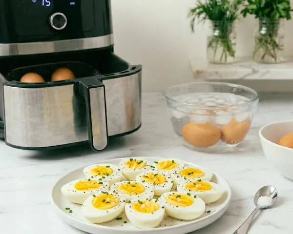 Uova sode in friggitrice ad aria pronte per essere gustate. Un modo semplice e veloce per preparare un piatto sano.