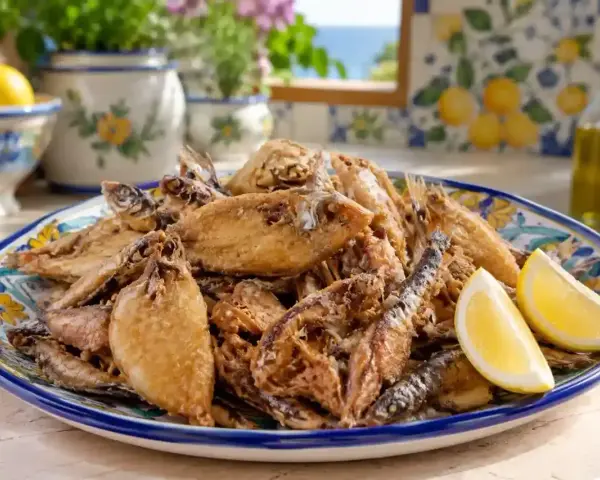 Un piatto colmo di frittura di paranza, dorata e croccante, guarnito con spicchi di limone. Un assaggio di mare in tavola.