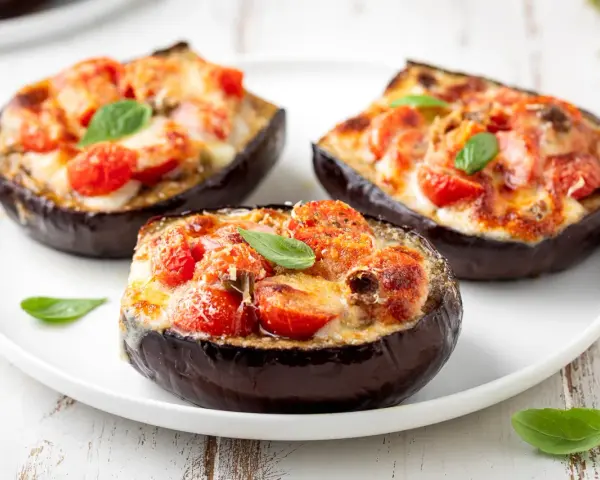 Melanzane ripiene al forno velocissime, con pomodorini, formaggio filante e basilico fresco. Un piatto invitante e facile da preparare.