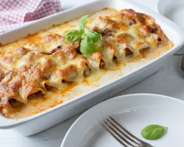 Cannelloni ripieni di carne macinata e mozzarella, cotti al forno e gratinati, con una foglia di basilico fresco.