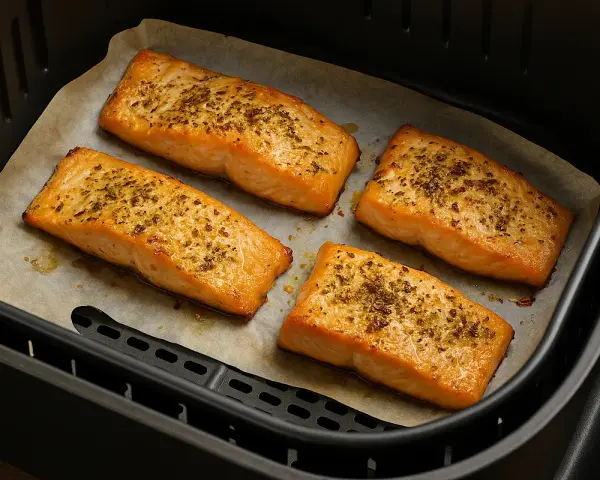 Quattro filetti di salmone in friggitrice ad aria, dorati e conditi con erbe aromatiche, pronti per essere gustati.