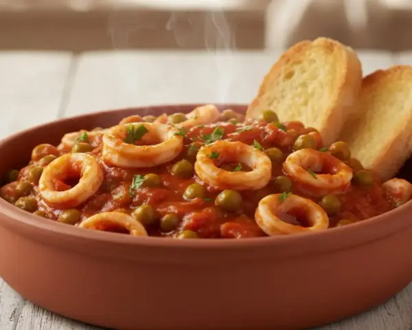 Un gustoso piatto di seppie con piselli in umido, servito in una ciotola di terracotta con crostini di pane.