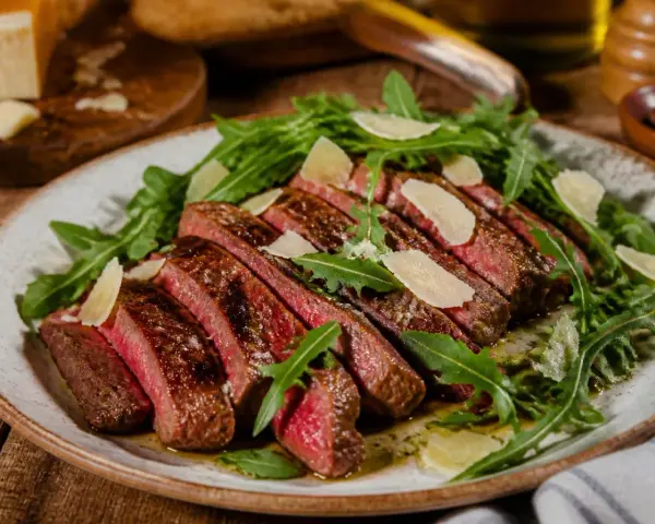 Tagliata di manzo succulenta, affettata e servita su un letto di rucola fresca, guarnita con scaglie di parmigiano.