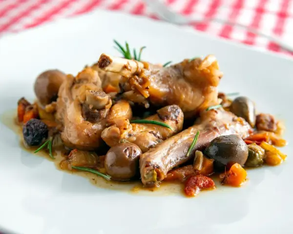 Coniglio alla cacciatora ricetta della nonna: succulenti pezzi di coniglio con olive, pomodorini e rosmarino su un piatto bianco.