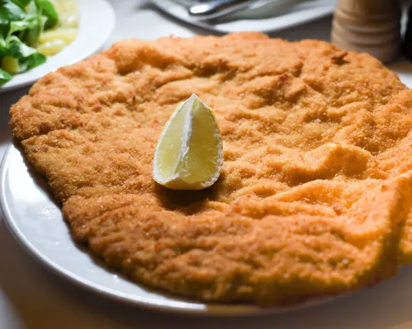 Una cotoletta dorata, grande come un'orecchia di elefante, servita con una fetta di limone e un'insalata fresca.