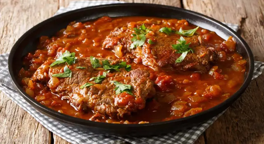 Due fette di carne alla pizzaiola, cotte lentamente in un sugo ricco di pomodoro e cipolle, guarnite con prezzemolo fresco.