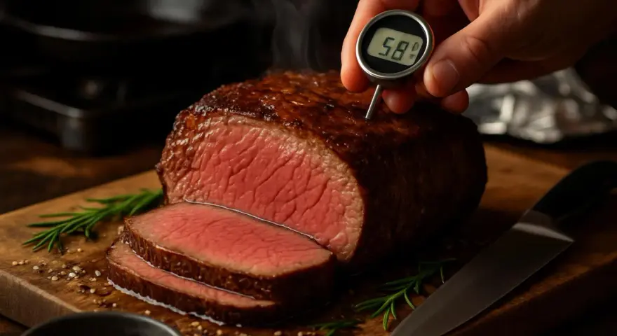 Un succulento arrosto di manzo, appena cotto, viene controllato con un termometro. La carne è rosata e invitante, con fette già pronte.