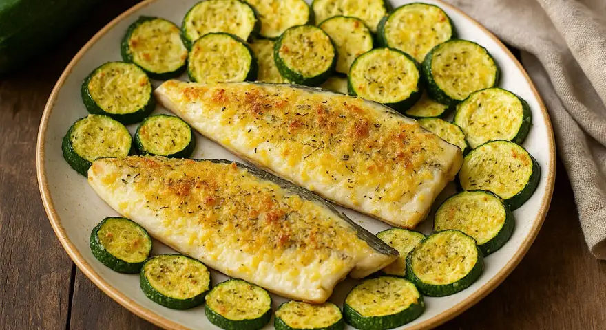 Branzino in friggitrice ad aria, dorato e croccante, servito con zucchine a rondelle. Un piatto leggero e gustoso.