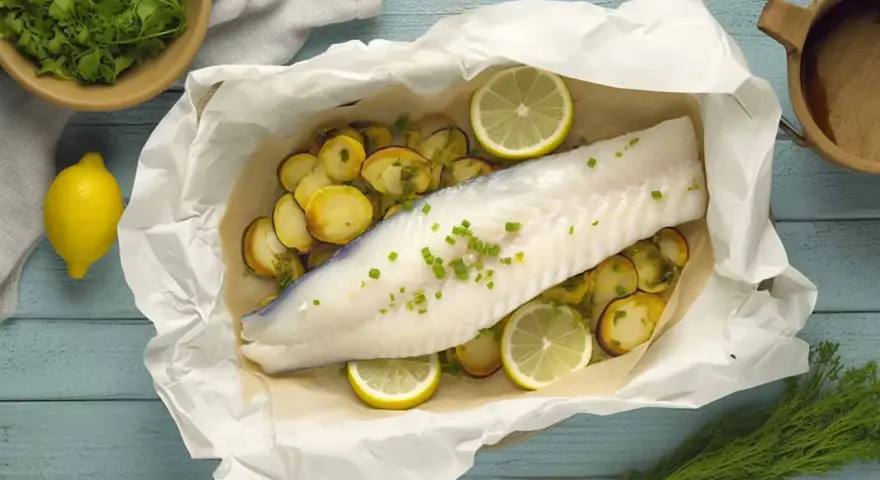 Ombrina al forno con patate e limone, guarnita con erba cipollina fresca. Un piatto leggero e saporito.