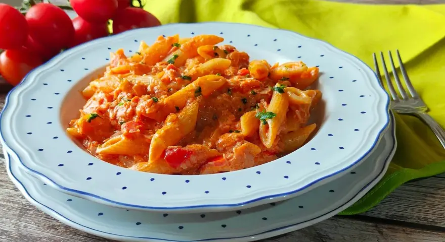 Piatto di penne al baffo cremose, con pomodorini freschi e prezzemolo tritato, servite su un piatto bianco con bordi blu.