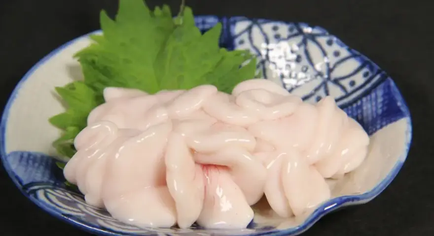 Piatto di lattume di tonno, delicato e rosato, guarnito con una foglia verde su un piatto decorato.