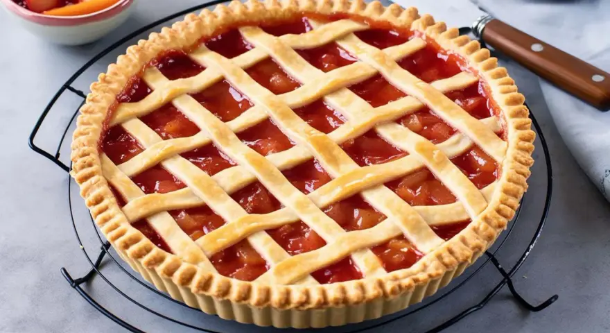 Crostata con pasta frolla per crostata di frutta, ripiena di marmellata di fragole e decorata con strisce di frolla.