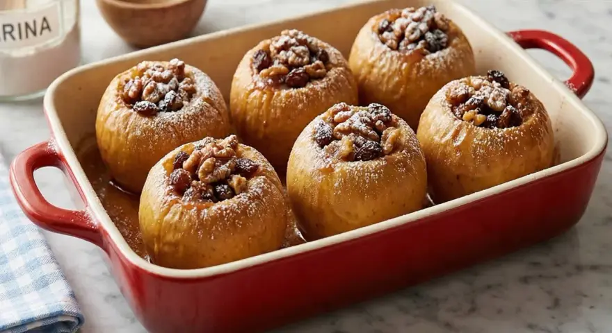 Sei mele cotte al forno, ripiene di noci e uvetta, cosparse di zucchero a velo, in una teglia rossa.