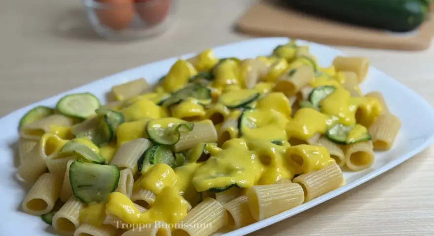 Piatto di rigatoni conditi con una cremosa salsa gialla e zucchine a rondelle, una deliziosa carbonara di zucchine.