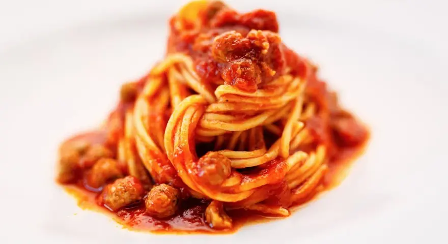 Un piatto di spaghetti alla teramana, conditi con un ricco sugo di pomodoro e polpettine, serviti su un piatto bianco.