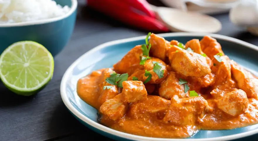 Spezzatino di pollo cremoso e speziato, guarnito con prezzemolo fresco, servito su un piatto blu con riso bianco e spicchio di lime.