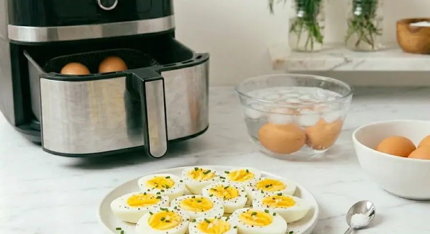 Uova sode in friggitrice ad aria pronte per essere gustate. Un modo semplice e veloce per preparare un piatto sano.