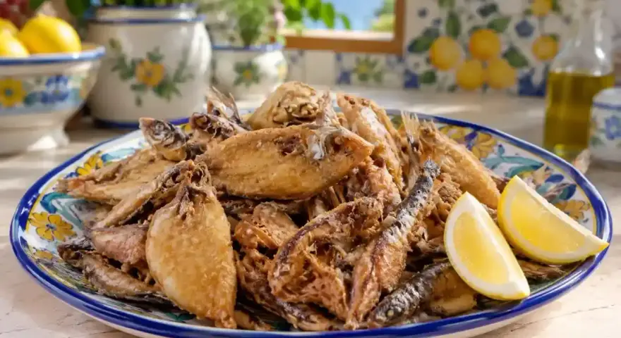 Un piatto colmo di frittura di paranza, dorata e croccante, guarnito con spicchi di limone. Un assaggio di mare in tavola.