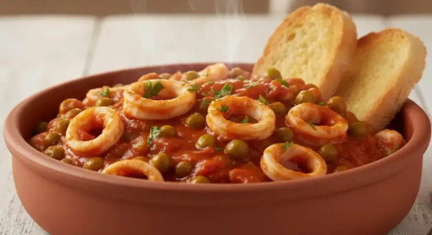 Un gustoso piatto di seppie con piselli in umido, servito in una ciotola di terracotta con crostini di pane.