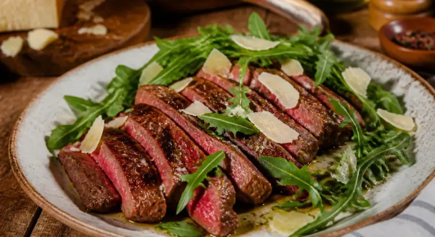 Tagliata di manzo succulenta, affettata e servita su un letto di rucola fresca, guarnita con scaglie di parmigiano.