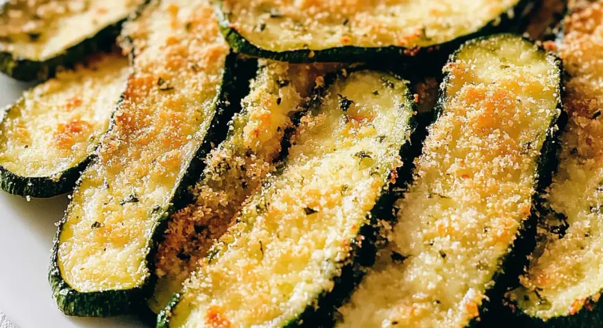 Fette di zucchine al forno, dorate e croccanti, con pangrattato e parmigiano. Un contorno saporito e leggero.