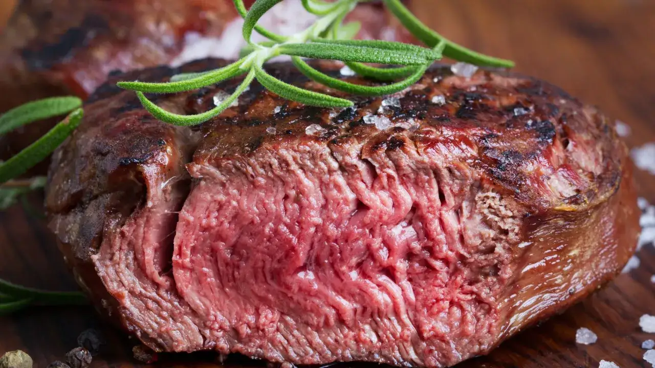 Tagliata di manzo succulenta, cotta al punto giusto, guarnita con rosmarino fresco e sale grosso.