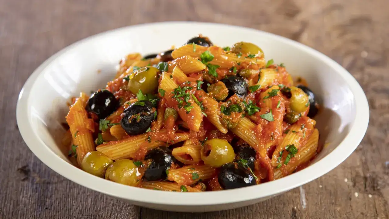 Penne con salsa rossa, olive nere e verdi, capperi e prezzemolo. Un piatto di pasta alla puttanesca invitante.