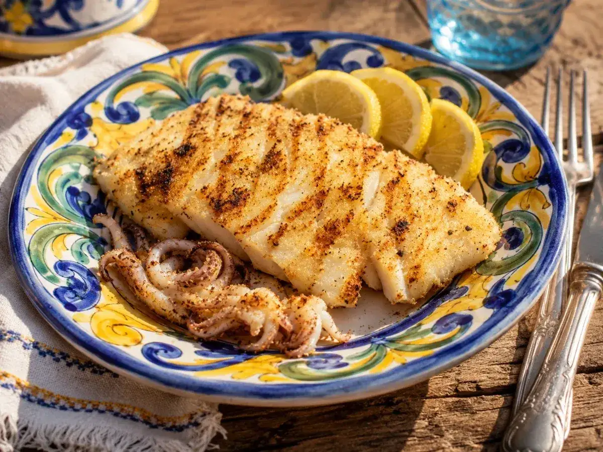 Deliziosi calamari alla piastra, cotti alla perfezione e serviti con spicchi di limone su un piatto decorato.