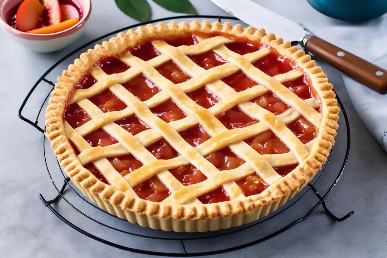Crostata con pasta frolla per crostata di frutta, ripiena di marmellata di fragole e decorata con strisce di frolla.