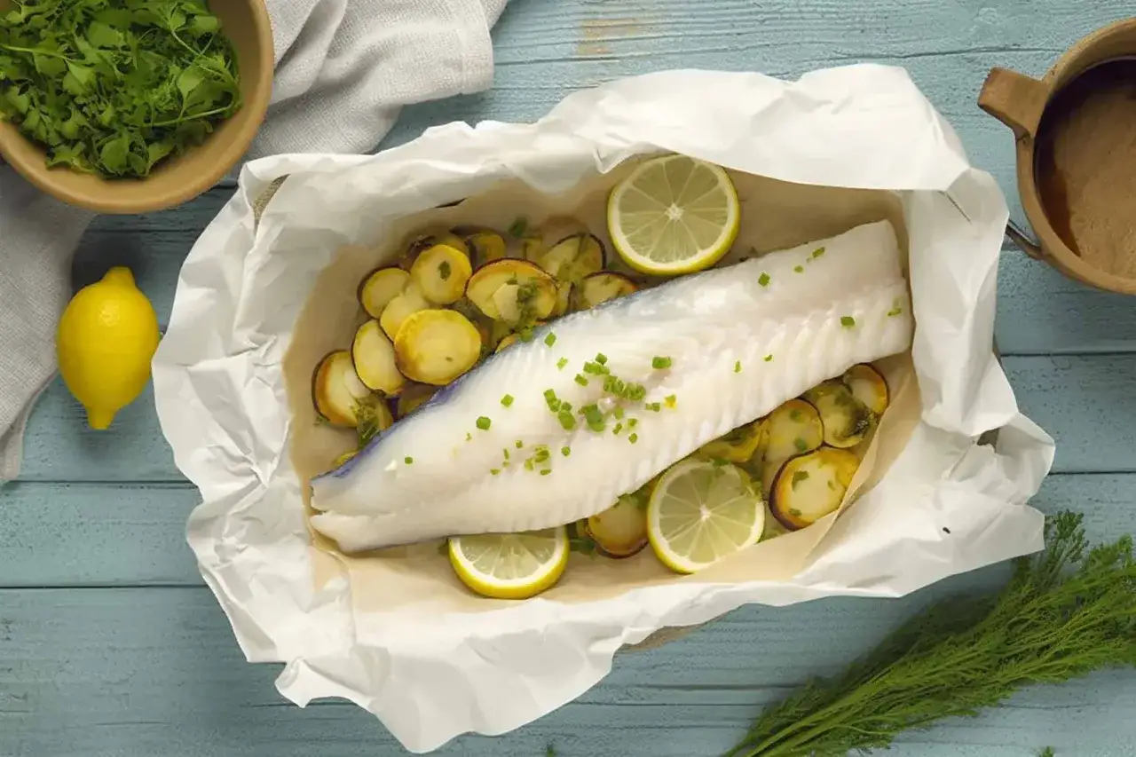 Ombrina al forno con patate e limone, guarnita con erba cipollina fresca. Un piatto leggero e saporito.