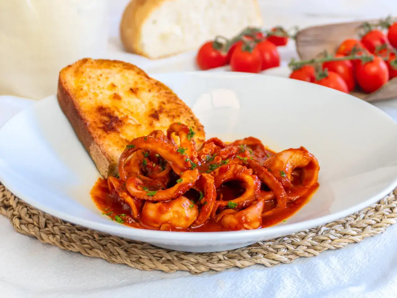 Un piatto di moscardini in umido, succulenti e saporiti, accompagnati da una fetta di pane tostato.