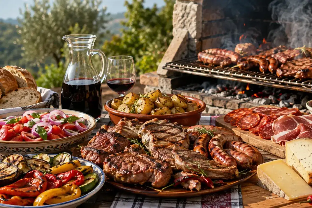 Un'abbondante grigliata di Ferragosto con carne, salsicce, verdure, patate, pane, salumi e formaggi, accompagnata da vino rosso.
